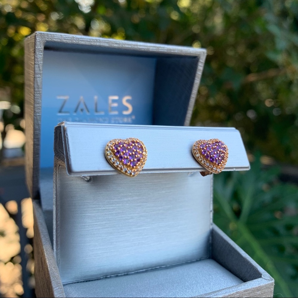 Zales Amethyst and White Topaz Heart Stud Earrings - Picture 11 of 15